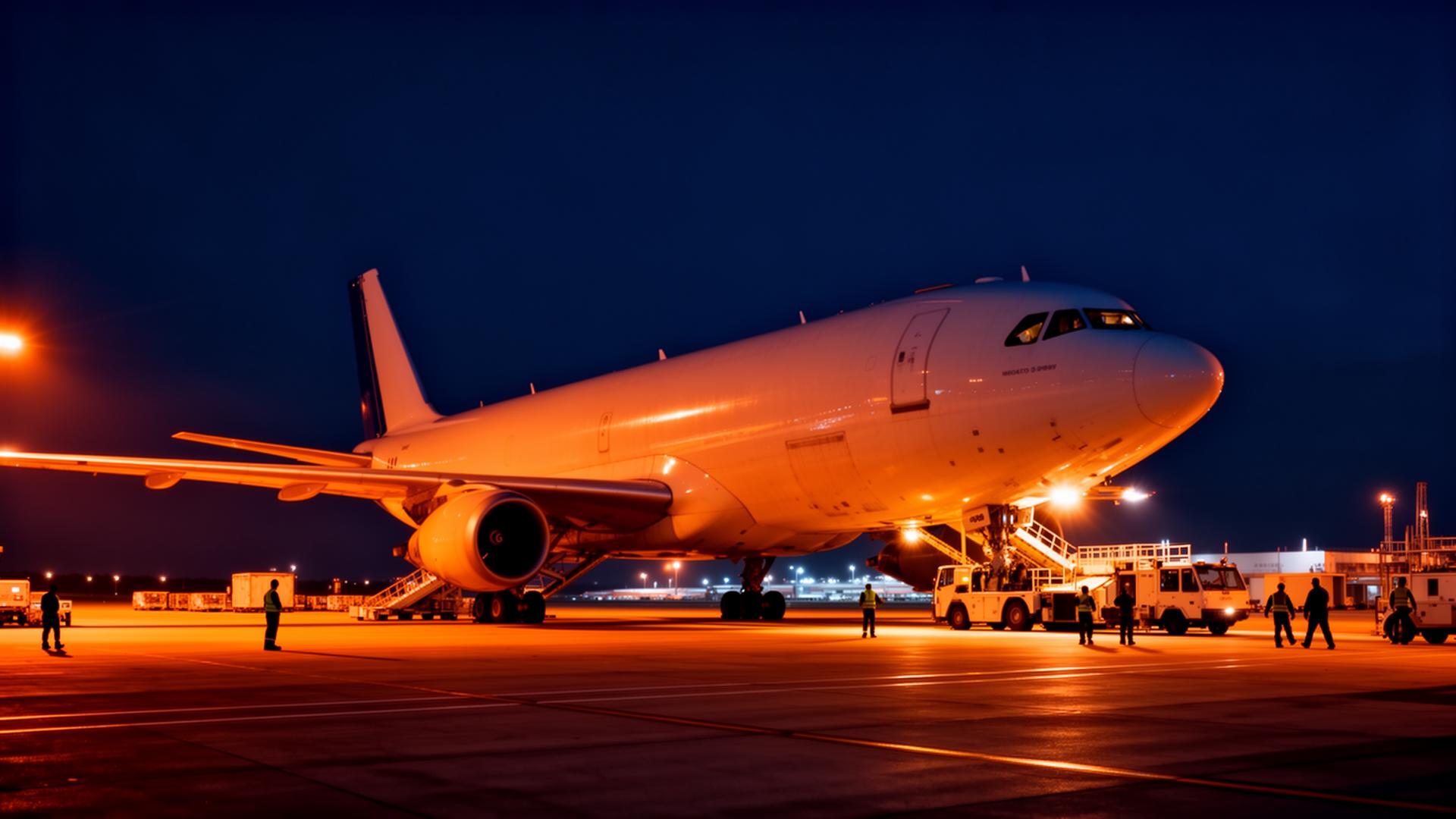 Cargo freight aircraft being loaded at night
